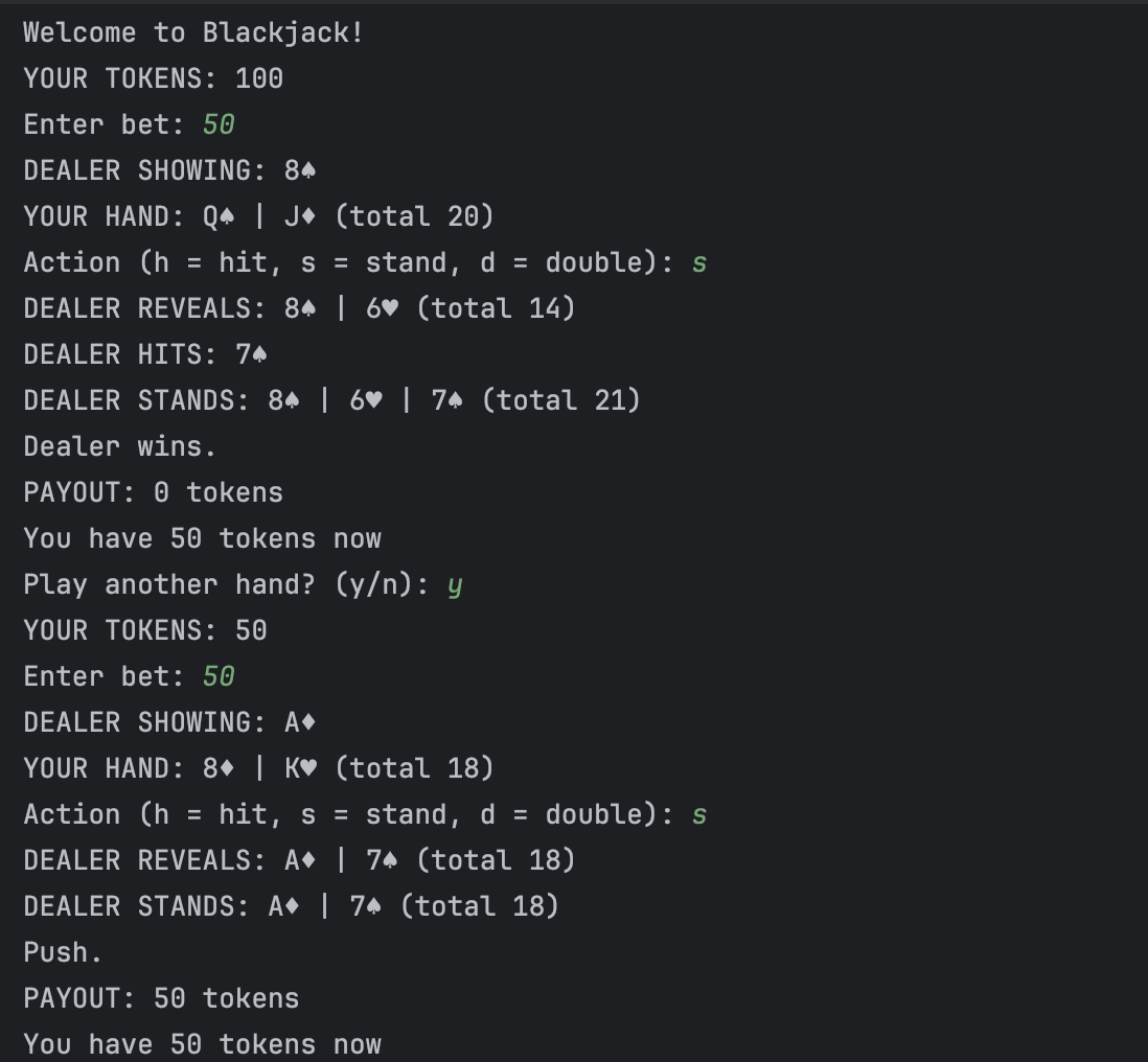 Java Blackjack terminal gameplay